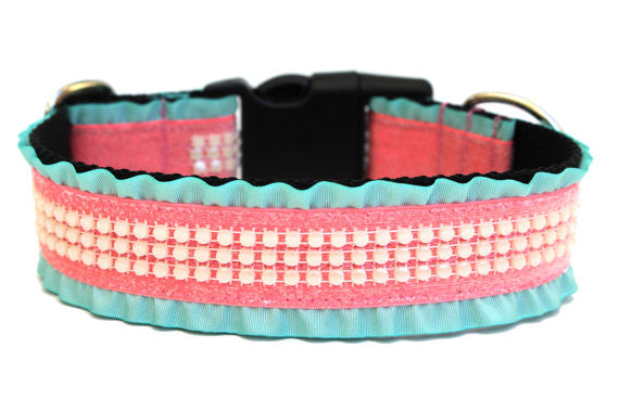 Coral Dog Collar 1.5" Glitter Dog Collar Ruffle Dog Collar Pearl Dog Collar